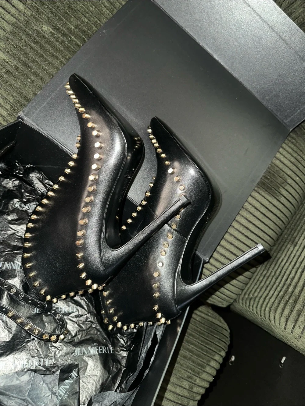 Black Pointed Stiletto Heels with Gold Stud Trim